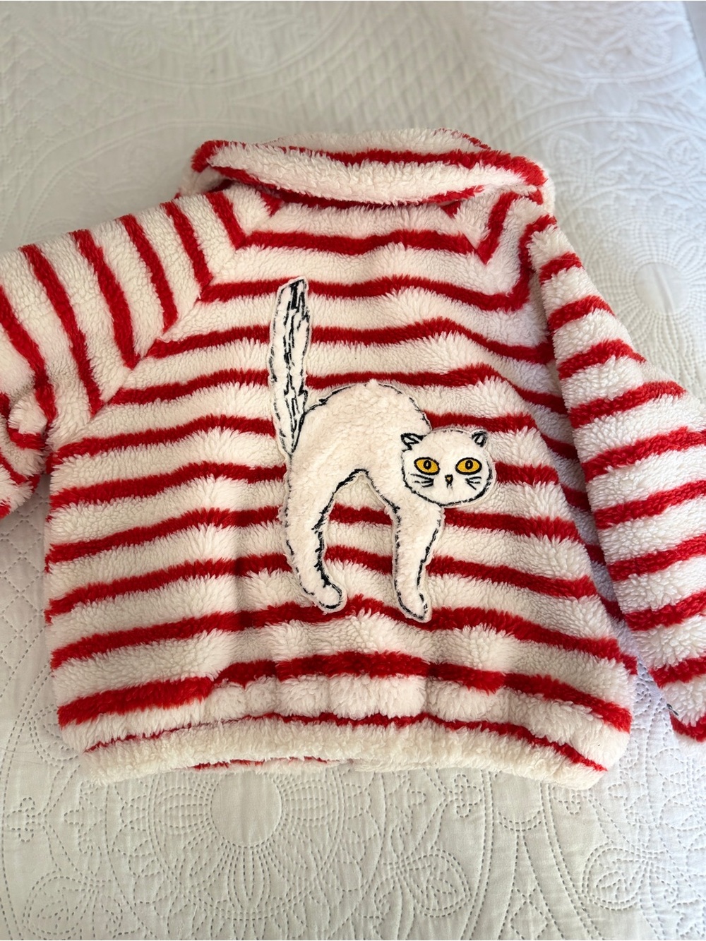 Mini Rodini Cozy Red & White Striped Fuzzy kids Sweater with Angry Cat Applique